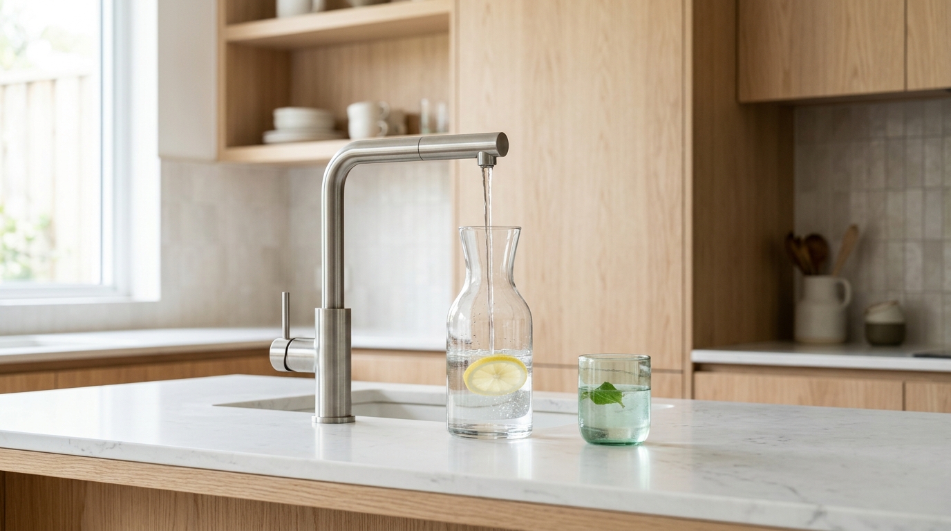 Robinet d'eau pure de cuisine et carafe en verre minimaliste